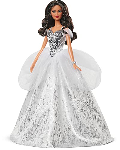Barbie Signature 2021 Holiday Barbie Doll (12-inch Brunette Curly Hair) in Silver Gown, with Doll Stand and Certificate of Authenticity, Gift for 6 Year Olds and Up