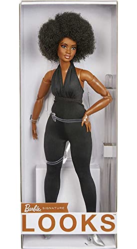 Barbie Signature Barbie Looks Doll (Curvy, Brunette) Fully Posable Fashion Doll Wearing Black Jumpsuit, Gift for Collectors