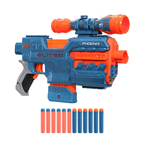 Nerf Elite 2.0 Phoenix CS-6 Motorized Blaster, 12 Official Nerf Darts, 6-Dart Clip, Scope, Tactical Rails, Barrel and Stock Attachment Points