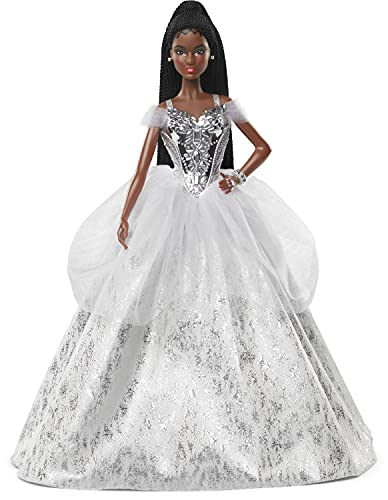 Barbie Signature 2021 Holiday Barbie Doll (12-inch, Brunette Braided Hair) in Silver Gown, with Doll Stand and Certificate of Authenticity, Gift for 6 Year Olds and Up
