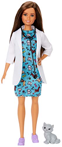 Barbie Pet Vet Brunette Doll with Medical Coat, Dress and Kitty Patient, Multicolor (GJL63)