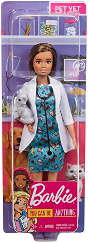 Barbie Pet Vet Brunette Doll with Medical Coat, Dress and Kitty Patient, Multicolor (GJL63)