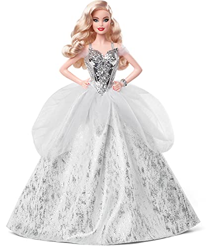 Barbie Signature 2021 Holiday Barbie Doll (12-inch, Blonde Wavy Hair) in Silver Gown, with Doll Stand and Certificate of Authenticity, Gift for 6 Year Olds and Up