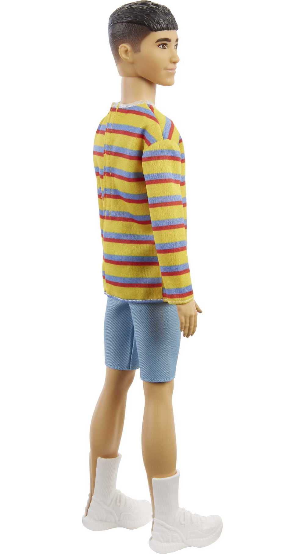 Barbie Ken Fashionistas Doll #175 with Sculpted Brunette Hair Wearing a Long-Sleeve Colorful Striped Shirt, Denim Shorts, White Boots, Toy for Kids 3 to 8 Years Old