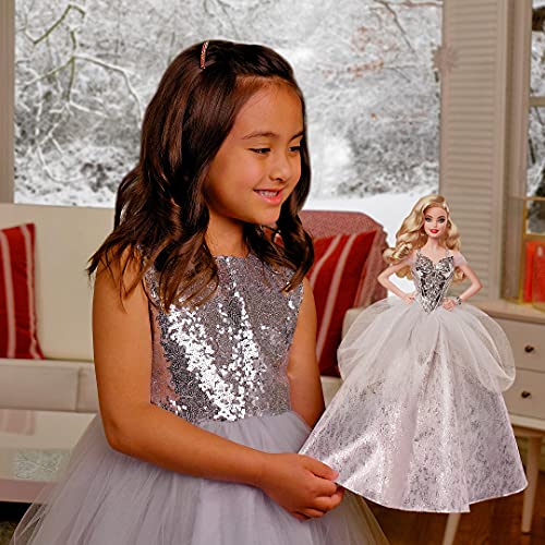 Barbie Signature 2021 Holiday Barbie Doll (12-inch, Blonde Wavy Hair) in Silver Gown, with Doll Stand and Certificate of Authenticity, Gift for 6 Year Olds and Up