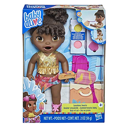 Baby Alive Sunshine Snacks Doll, Eats and Poops, Summer-Themed Waterplay Baby Doll, Ice Pop Mold, Toy for Kids Ages 3 and Up, Black Hair