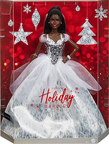 Barbie Signature 2021 Holiday Barbie Doll (12-inch, Brunette Braided Hair) in Silver Gown, with Doll Stand and Certificate of Authenticity, Gift for 6 Year Olds and Up