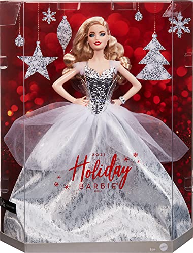 Barbie Signature 2021 Holiday Barbie Doll (12-inch, Blonde Wavy Hair) in Silver Gown, with Doll Stand and Certificate of Authenticity, Gift for 6 Year Olds and Up