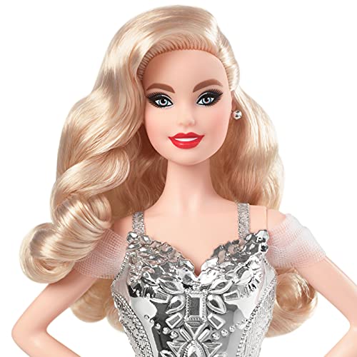 Barbie Signature 2021 Holiday Barbie Doll (12-inch, Blonde Wavy Hair) in Silver Gown, with Doll Stand and Certificate of Authenticity, Gift for 6 Year Olds and Up