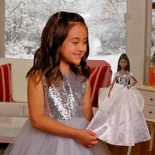 Barbie Signature 2021 Holiday Barbie Doll (12-inch, Brunette Braided Hair) in Silver Gown, with Doll Stand and Certificate of Authenticity, Gift for 6 Year Olds and Up