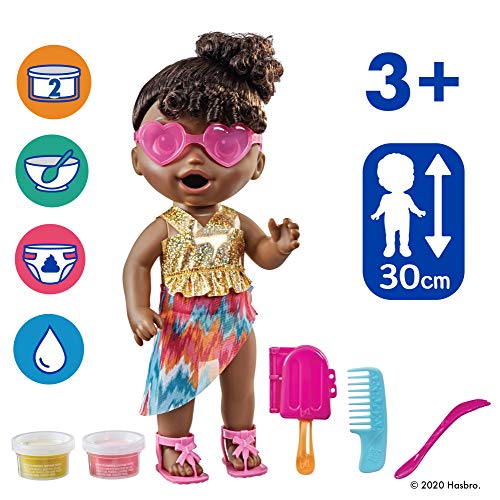 Baby Alive Sunshine Snacks Doll, Eats and Poops, Summer-Themed Waterplay Baby Doll, Ice Pop Mold, Toy for Kids Ages 3 and Up, Black Hair