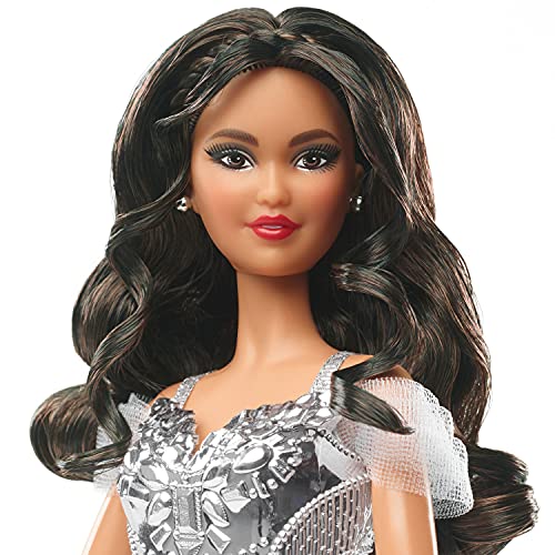 Barbie Signature 2021 Holiday Barbie Doll (12-inch Brunette Curly Hair) in Silver Gown, with Doll Stand and Certificate of Authenticity, Gift for 6 Year Olds and Up