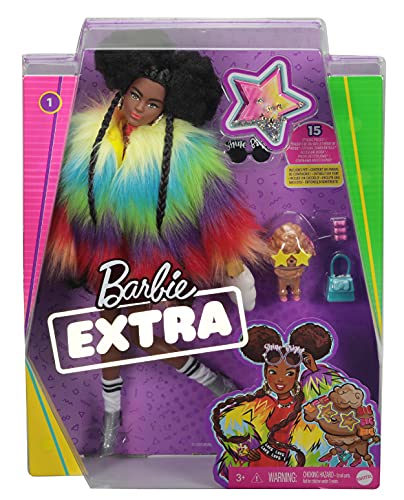 Barbie Extra Doll #1 in Furry Rainbow Coat with Pet Poodle, Brunette Afro-Puffs with Braids, Including ‘Shine Bright’ Sunglasses, Multiple Flexible Joints