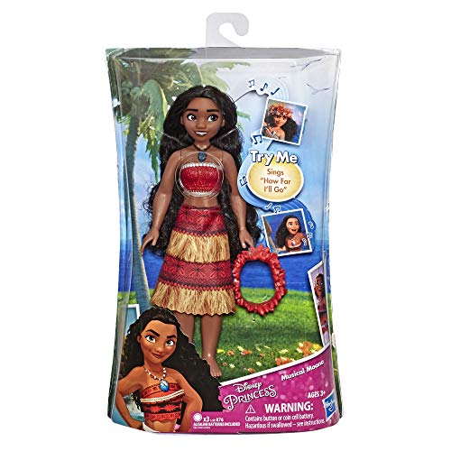 Disney Princess Musical Moana Fashion Doll with Shell Necklace, Sings How Far I'll Go, Toy for 3 Year Olds & Up, Brown