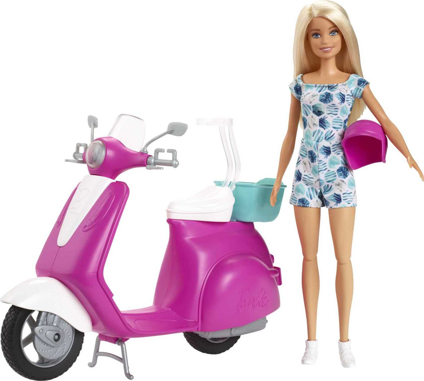 Barbie Doll, Blonde, and Pink and White Scooter with Kickstand and Teal Basket for 3 to 7 Year Olds