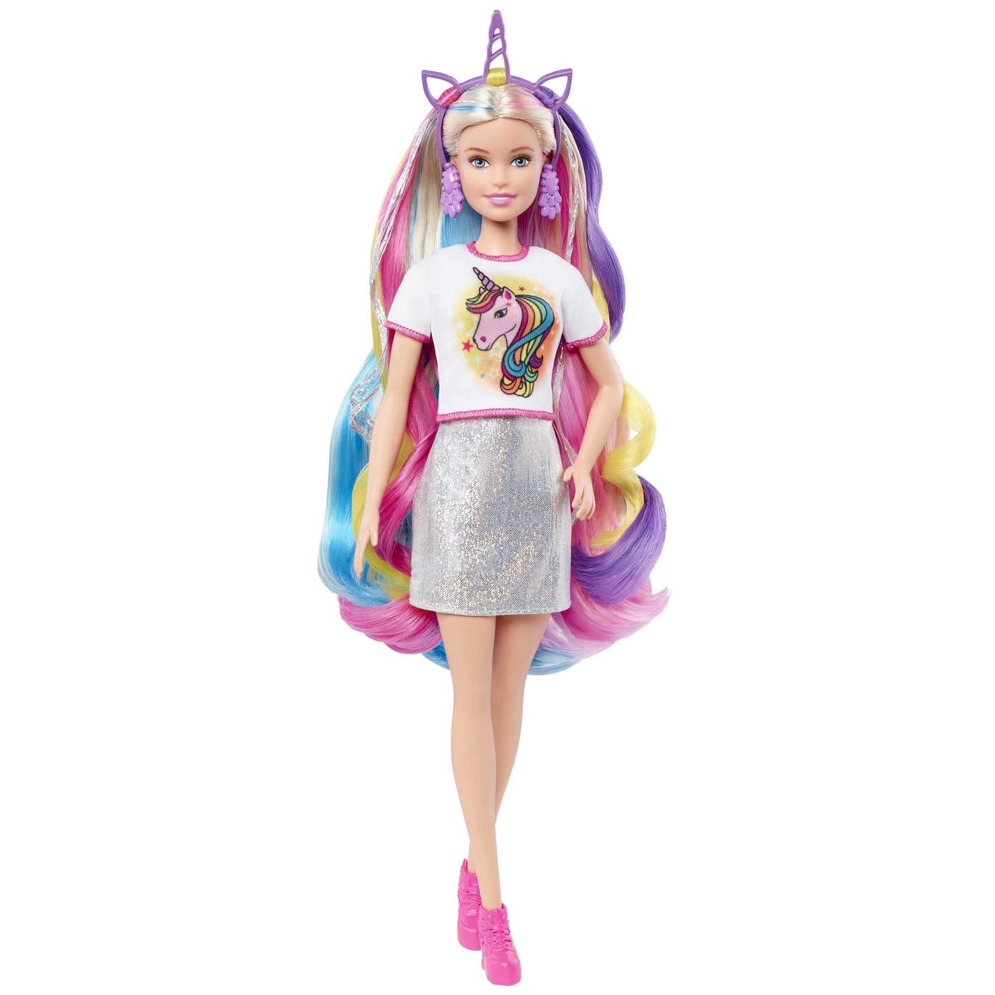 Barbie Fantasy Hair Doll, Blonde, with 2 Decorated Crowns, 2 Tops & Accessories for Mermaid and Unicorn Looks, Plus Hairstyling Pieces, for Kids 3 to 7 Years Old