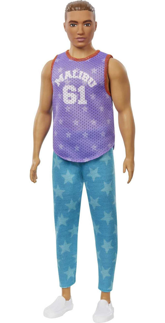 Barbie Ken Fashionistas Doll #165 with Sculpted Brown Hair Wearing Purple ?Malibu? Top, Blue Starred Joggers & White Shoes, Toy for Kids 3 to 8 Years Old
