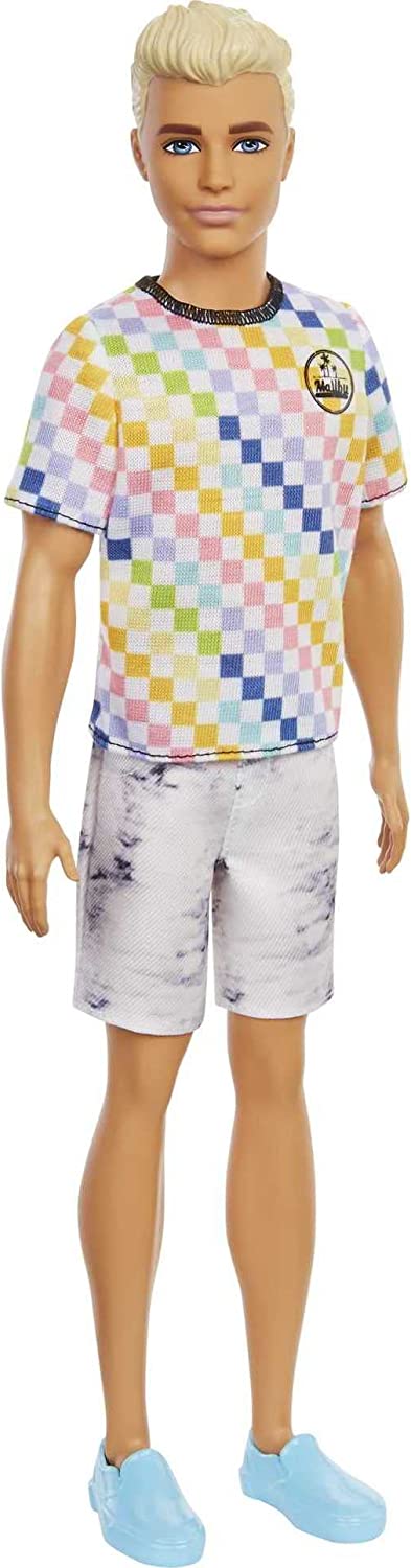 Barbie Ken Fashionistas Doll #174 with Sculpted Blonde Hair Wearing A Surf-Inspired Checkered Shirt, Stone Wash Denim Shorts & White Slip-On Deck Shoes, Toy for Kids 3 to 8 Years Old