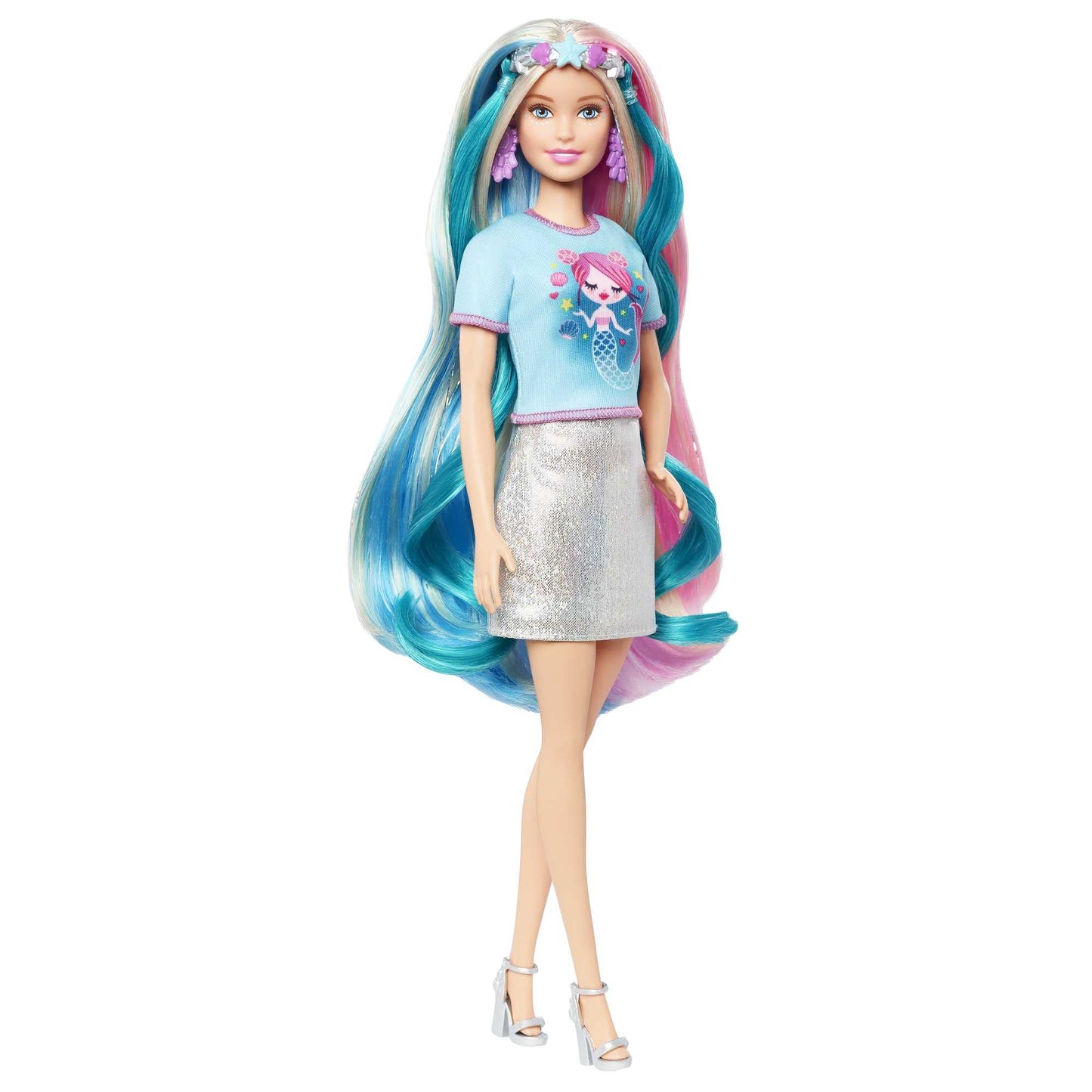 Barbie Fantasy Hair Doll, Blonde, with 2 Decorated Crowns, 2 Tops & Accessories for Mermaid and Unicorn Looks, Plus Hairstyling Pieces, for Kids 3 to 7 Years Old