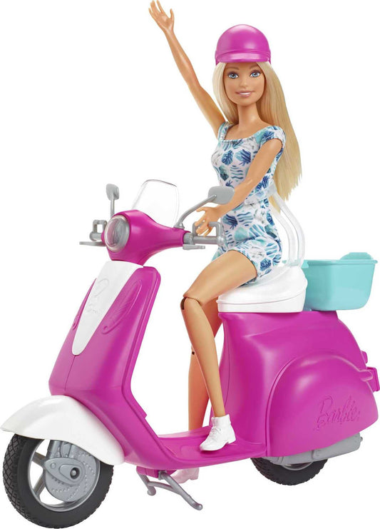 Barbie Doll, Blonde, and Pink and White Scooter with Kickstand and Teal Basket for 3 to 7 Year Olds