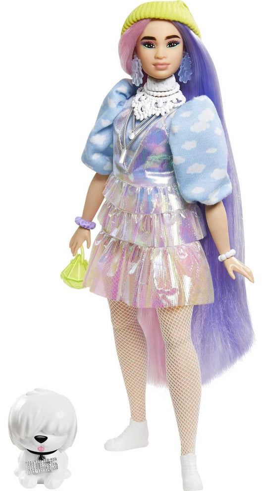 Barbie Extra Doll #2 in Shimmery Look with Pet Puppy, Pink & Purple Fantasy Hair, Layered Outfit & Accessories Including Neon Beanie, Multiple Flexible Joints