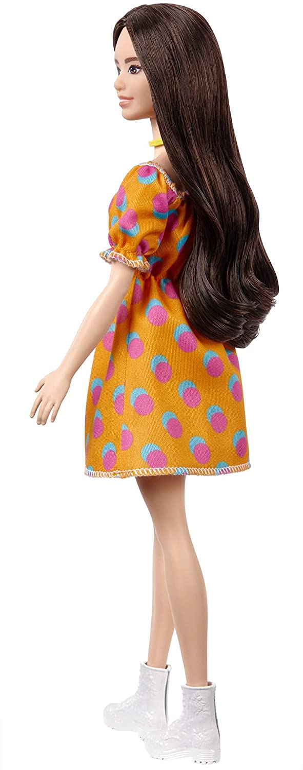 Barbie Fashionistas Doll with Brunette Hair Polka Dot Off-The-Shoulder Dress, Toy for Kids 3 to 8 Years Old