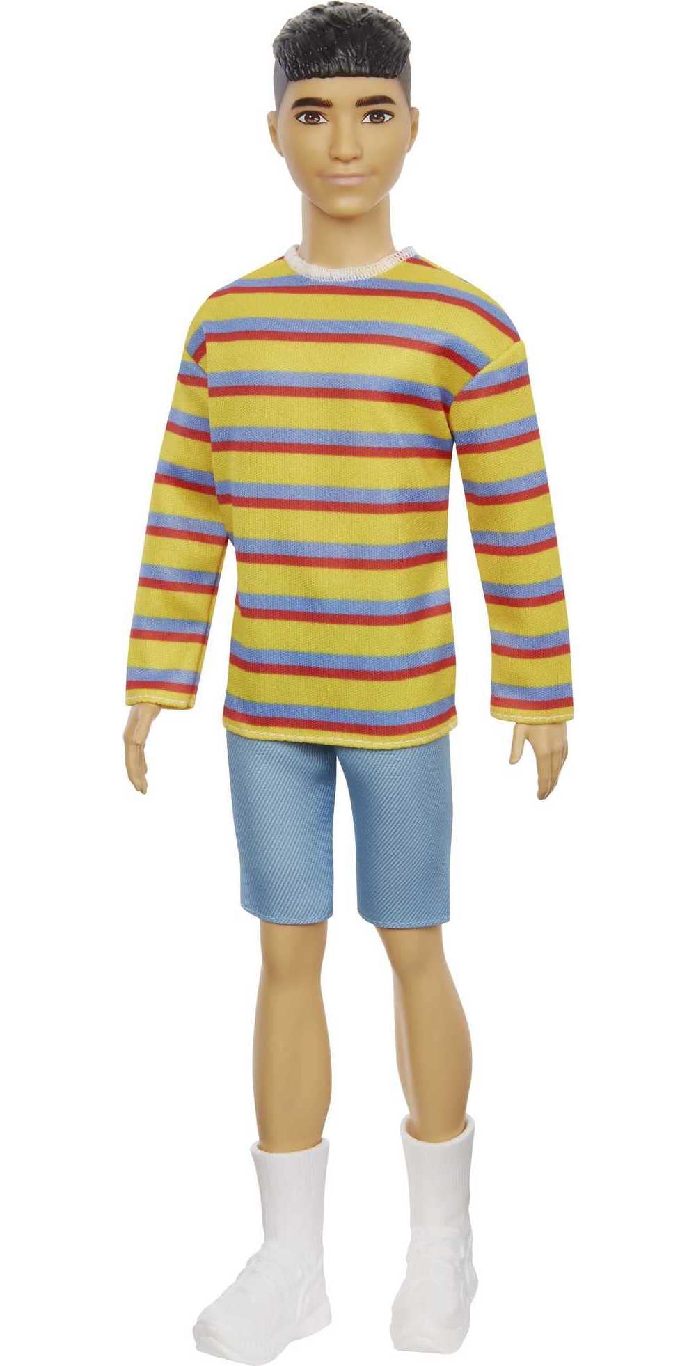 Barbie Ken Fashionistas Doll #175 with Sculpted Brunette Hair Wearing a Long-Sleeve Colorful Striped Shirt, Denim Shorts, White Boots, Toy for Kids 3 to 8 Years Old