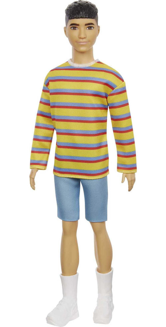 Barbie Ken Fashionistas Doll #175 with Sculpted Brunette Hair Wearing a Long-Sleeve Colorful Striped Shirt, Denim Shorts, White Boots, Toy for Kids 3 to 8 Years Old