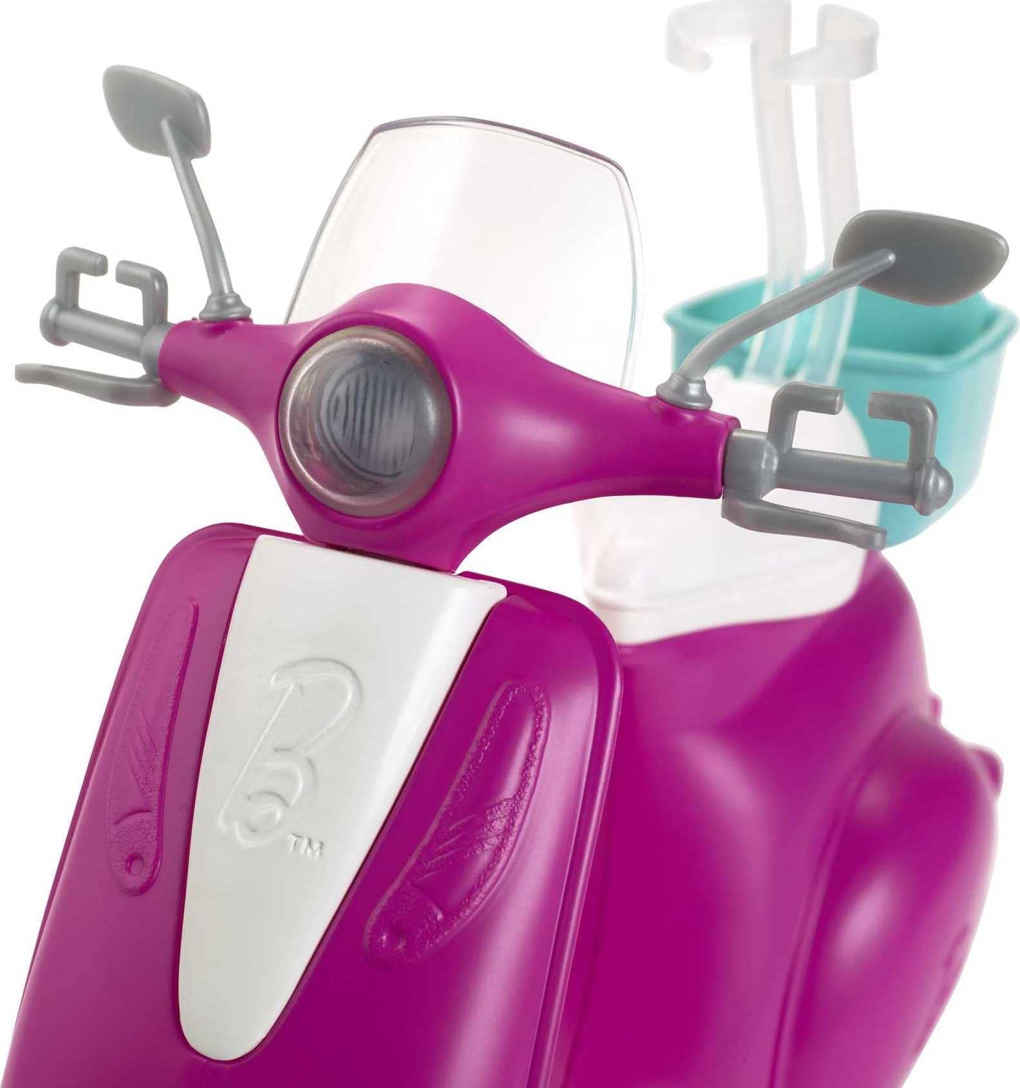 Barbie Doll, Blonde, and Pink and White Scooter with Kickstand and Teal Basket for 3 to 7 Year Olds