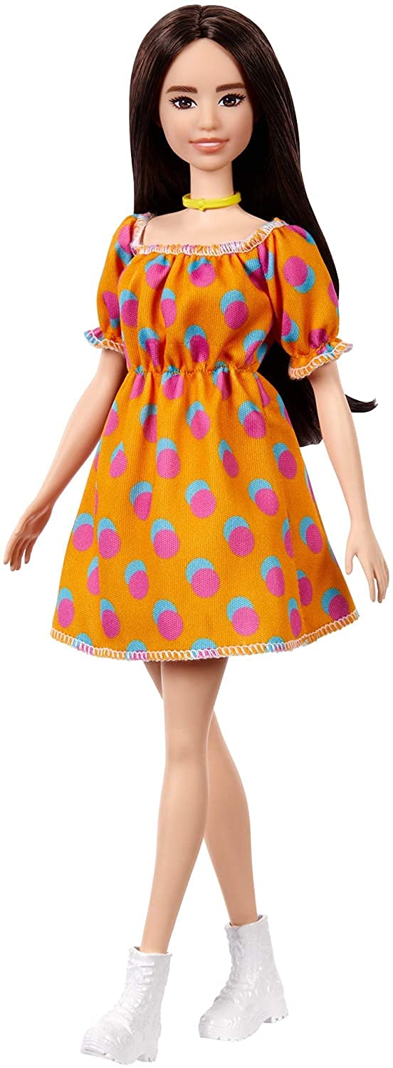 Barbie Fashionistas Doll with Brunette Hair Polka Dot Off-The-Shoulder Dress, Toy for Kids 3 to 8 Years Old