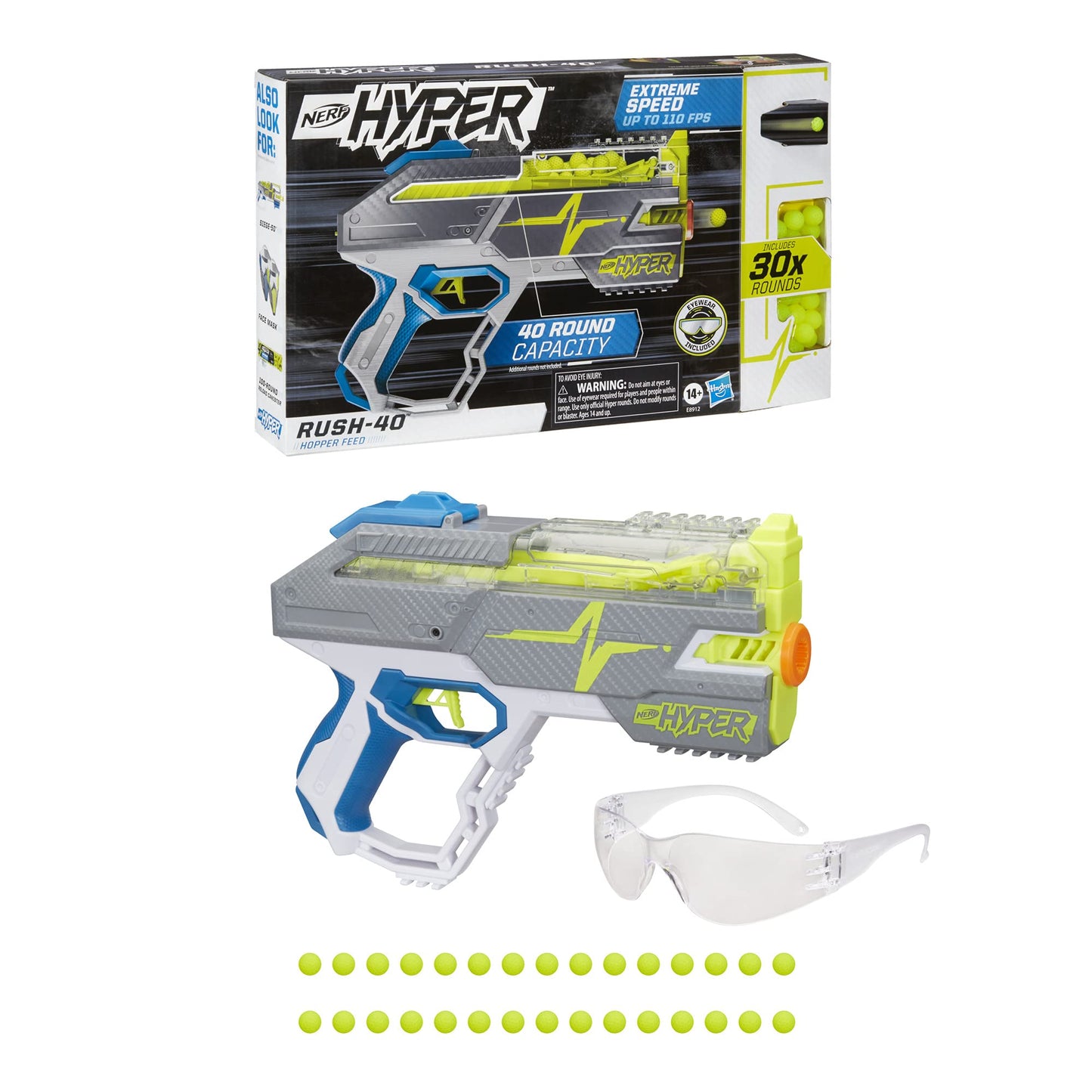 NERF Hyper Rush-40 Pump-Action Blaster, 30 Hyper Rounds, Eyewear, Up to 110 FPS Velocity, Easy Reload, Holds Up to 40 Rounds