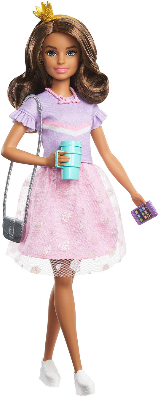 Barbie Princess Adventure Teresa Doll (11.5-inch Brunette) in Fashion and Accessories, with Smart Phone, Purse, Travel Mug and Tiara, Gift for 3 to 7 Year Olds GML69 Multi
