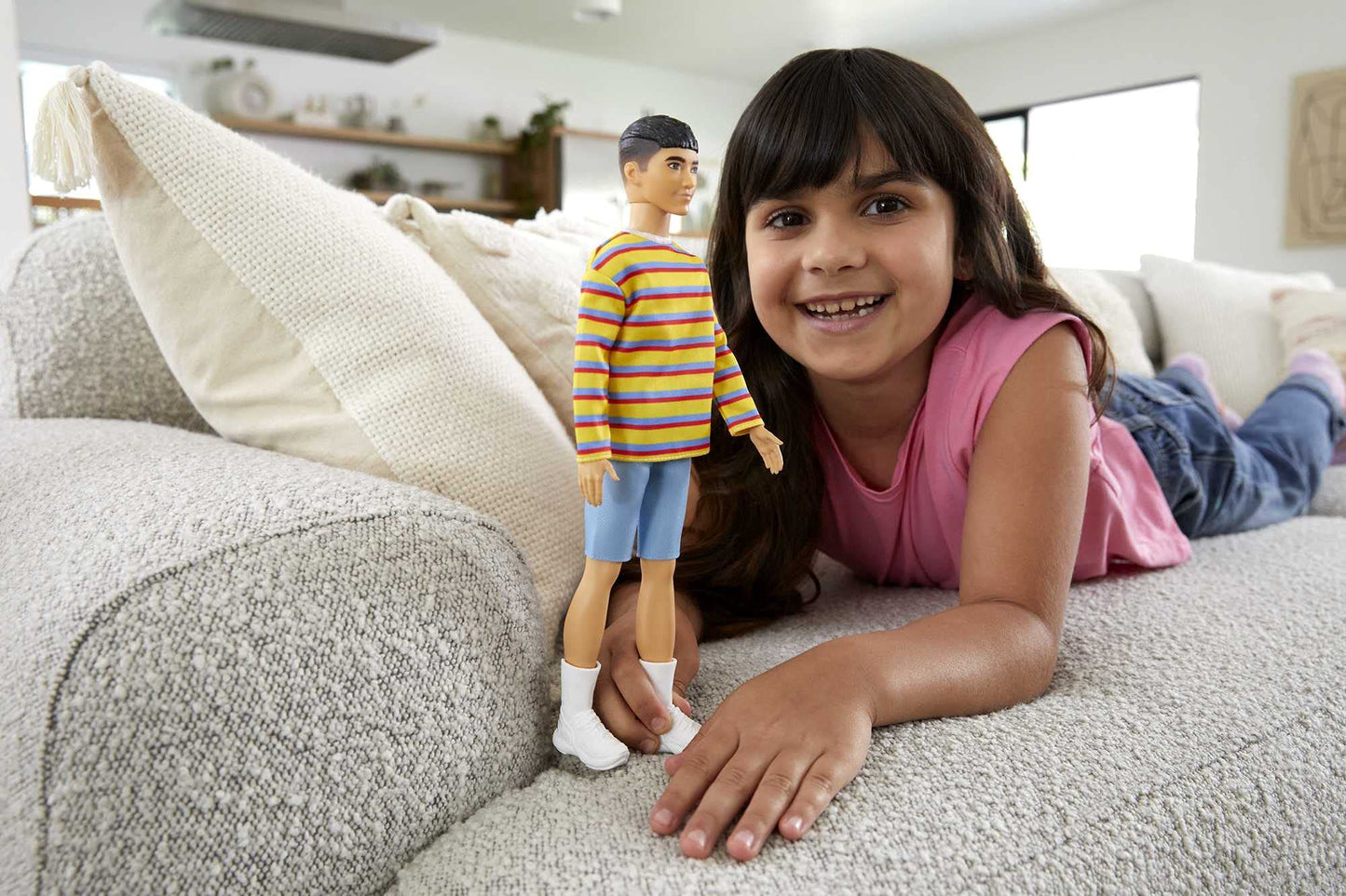 Barbie Ken Fashionistas Doll #175 with Sculpted Brunette Hair Wearing a Long-Sleeve Colorful Striped Shirt, Denim Shorts, White Boots, Toy for Kids 3 to 8 Years Old