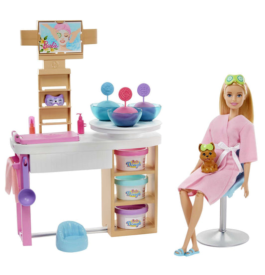 Barbie Face Mask Spa Day Playset with Blonde Barbie Doll, Puppy, Toy Spa Station with 4 Molds, 3 Tubs of Barbie Dough & 10+ Accessories to Create & Remove Face Blemishes on Doll