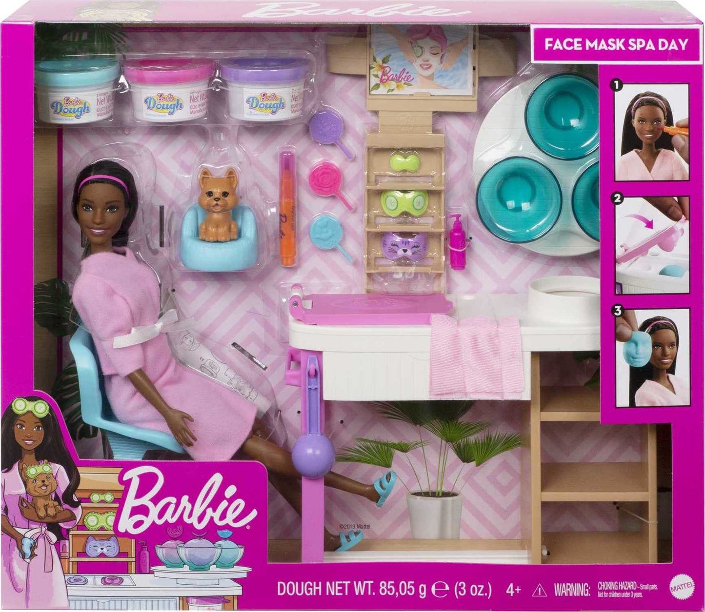 Barbie Face Mask Spa Day Playset with Brunette Barbie Doll, Puppy, Toy Spa Station with 4 Molds, 3 Tubs of Barbie Dough & 10+ Accessories to Create & Remove Face Blemishes on Doll & Puppy