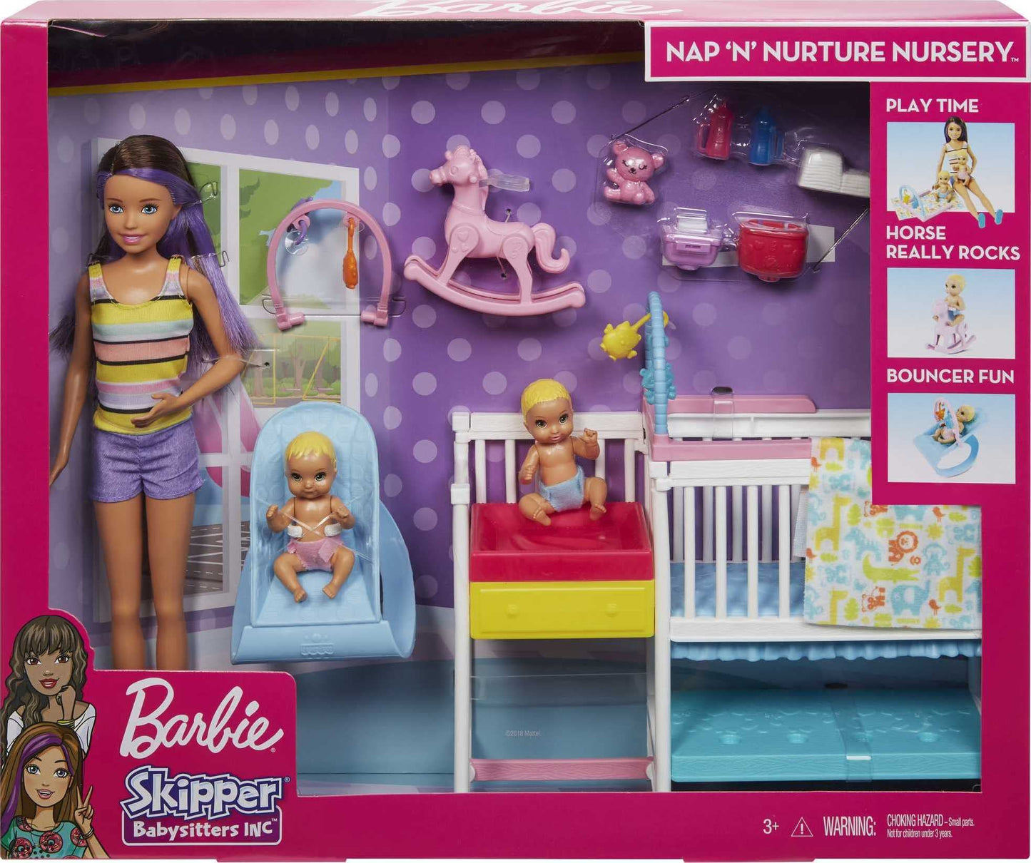 Barbie Nursery Playset with Skipper Babysitters Doll, 2 Baby Dolls, Crib and 10+ Pieces of Working Baby Gear and Themed Toys, Gift Set for 3 to 7 Year Olds, Multicolor