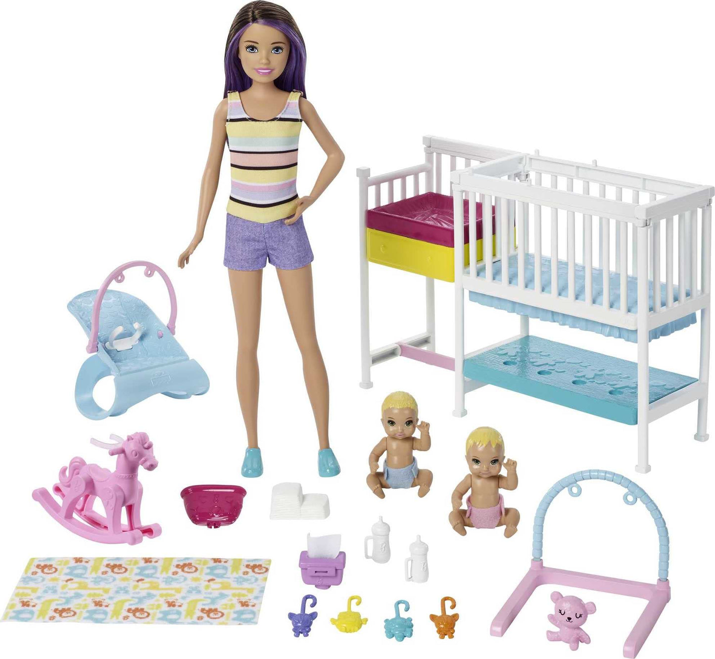 Barbie Nursery Playset with Skipper Babysitters Doll, 2 Baby Dolls, Crib and 10+ Pieces of Working Baby Gear and Themed Toys, Gift Set for 3 to 7 Year Olds, Multicolor