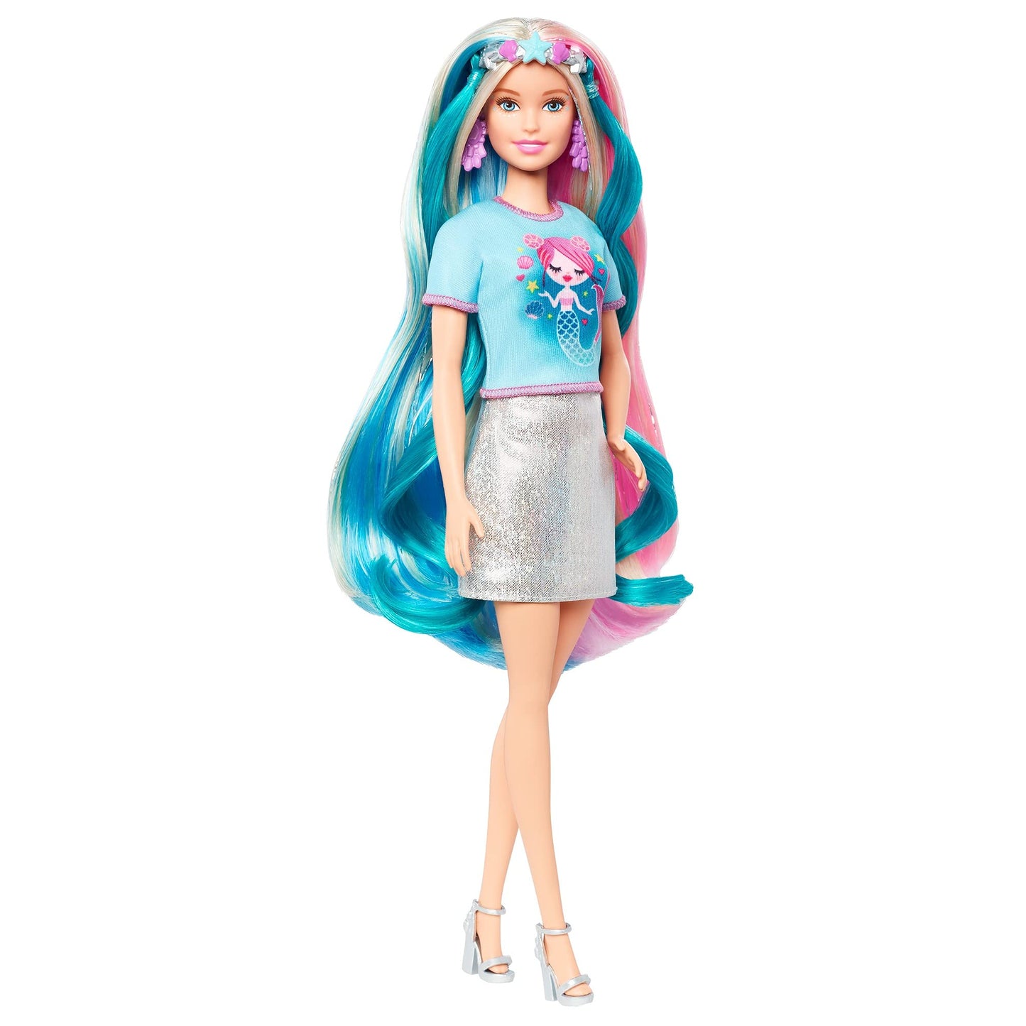 Barbie Fantasy Hair Doll, Blonde, with 2 Decorated Crowns, 2 Tops & Accessories for Mermaid and Unicorn Looks, Plus Hairstyling Pieces, for Kids 3 to 7 Years Old