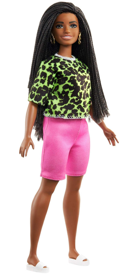 Barbie Fashionistas Doll with Long Brunette Braids Wearing Neon Green Animal-Print Top, Pink Shorts, White Sandals and Earrings, Toy for Kids 3 to 8 Years Old