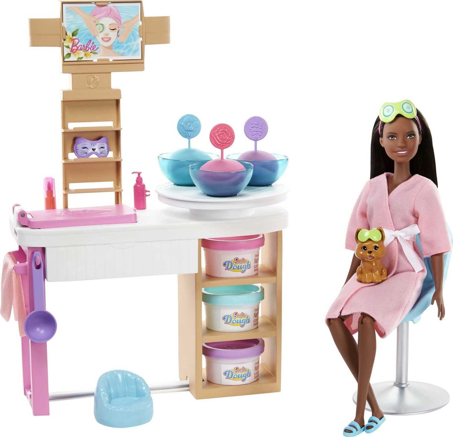 Barbie Face Mask Spa Day Playset with Brunette Barbie Doll, Puppy, Toy Spa Station with 4 Molds, 3 Tubs of Barbie Dough & 10+ Accessories to Create & Remove Face Blemishes on Doll & Puppy