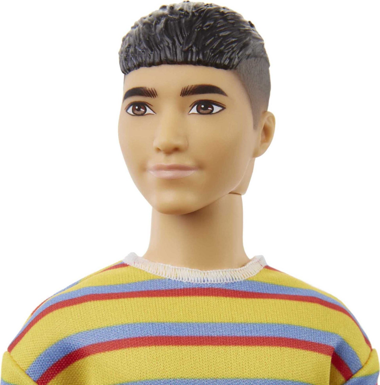 Barbie Ken Fashionistas Doll #175 with Sculpted Brunette Hair Wearing a Long-Sleeve Colorful Striped Shirt, Denim Shorts, White Boots, Toy for Kids 3 to 8 Years Old