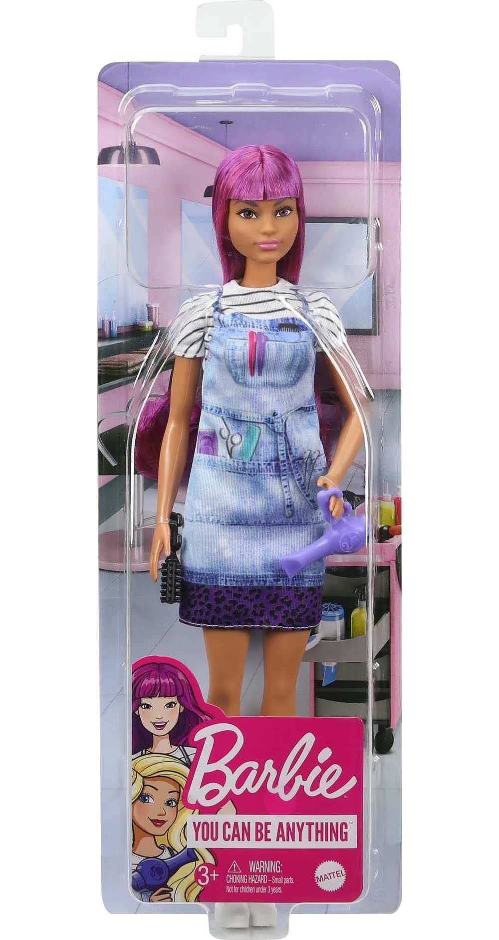 Barbie Salon Stylist Doll (12-in) with Purple Hair, Tie-dye Smock, Striped Tee, Blow Dryer & Comb Accessories, Great Gift for Ages 3 Years Old & Up