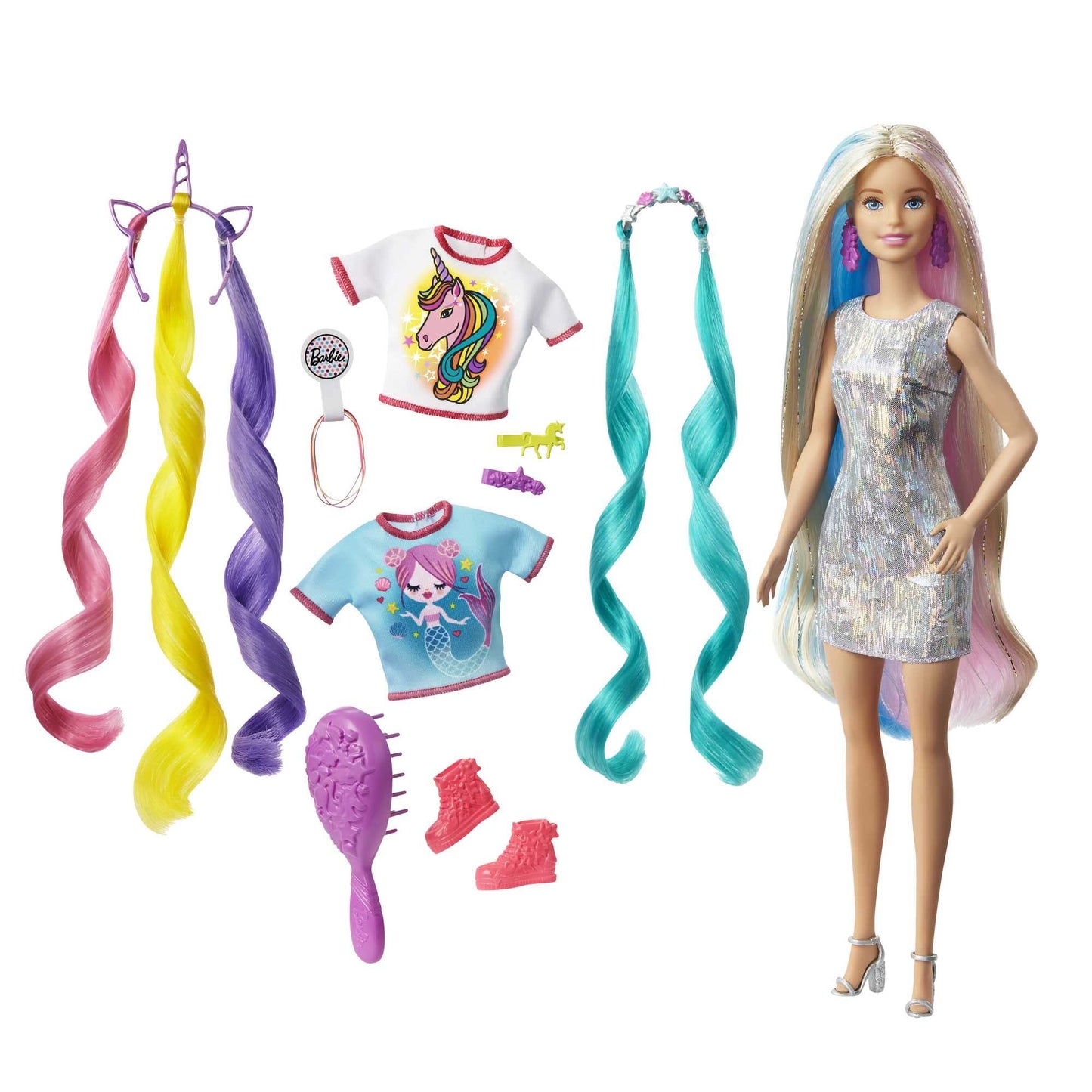 Barbie Fantasy Hair Doll, Blonde, with 2 Decorated Crowns, 2 Tops & Accessories for Mermaid and Unicorn Looks, Plus Hairstyling Pieces, for Kids 3 to 7 Years Old