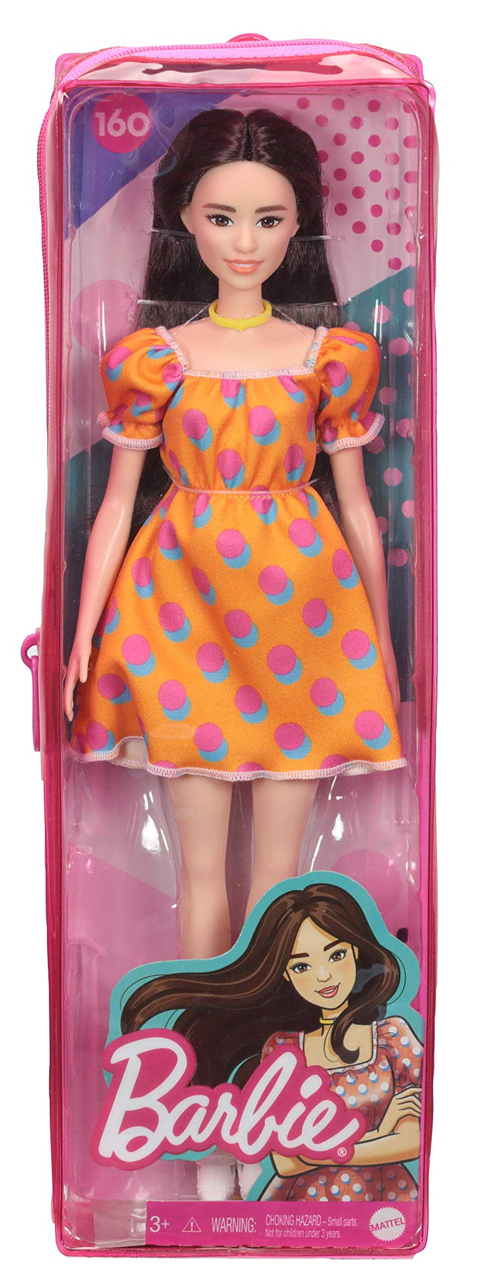 Barbie Fashionistas Doll with Brunette Hair Polka Dot Off-The-Shoulder Dress, Toy for Kids 3 to 8 Years Old