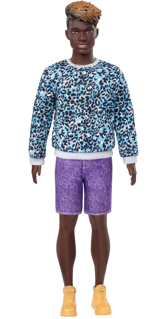 Barbie Ken Fashionistas Doll with Sculpted Dreadlocks Wearing Blue Animal-Print Shirt, Purple Shorts and Boots, Toy for Kids 3 to 8 Years Old