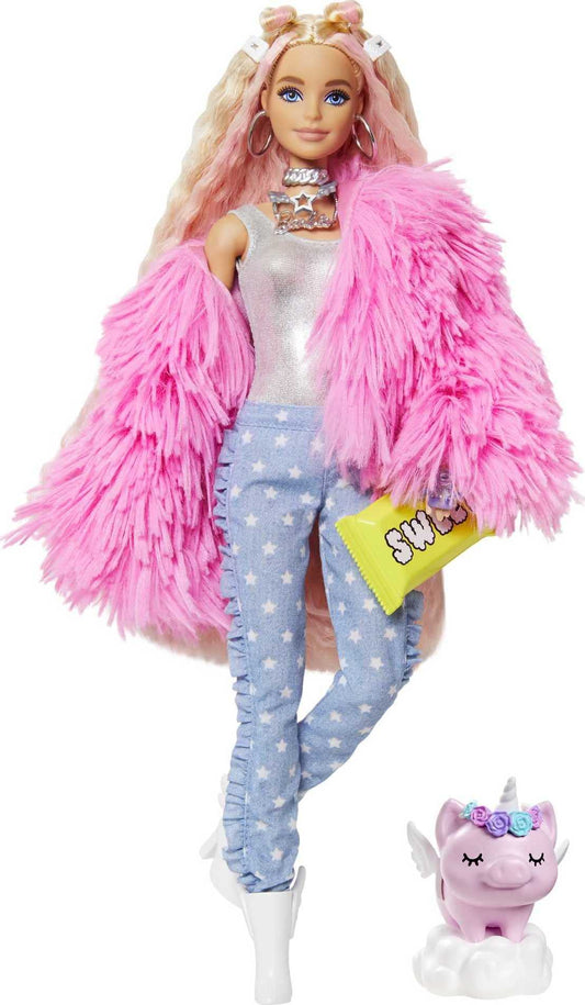 Barbie Extra Doll #3 in Pink Fluffy Coat with Pet Unicorn-Pig, Extra-Long Crimped Hair, Including Candy Bar Clutch & Gummy Bear Ring, Multiple Flexible Joints