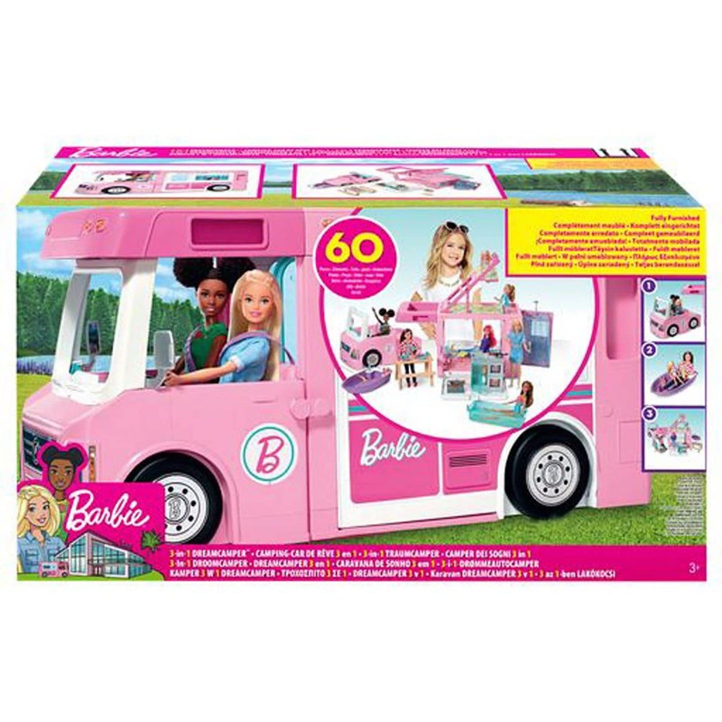 Barbie 3-in-1 DreamCamper Vehicle, approx. 3-ft, Transforming Camper with Pool, Truck, Boat and 50 Accessories, Makes a Great Gift for 3 to 7 Year Olds