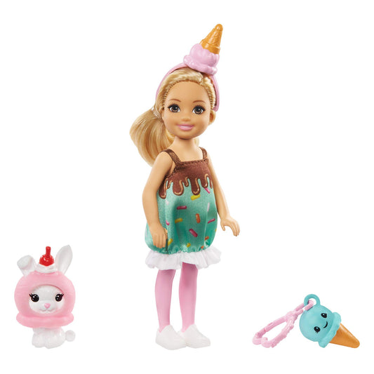 Barbie Club Chelsea Dress-Up Doll, 6-inch Blonde in Ice Cream Costume with Pet Bunny and Accessories, Gift for 3 to 7 Year Olds (GHV72)