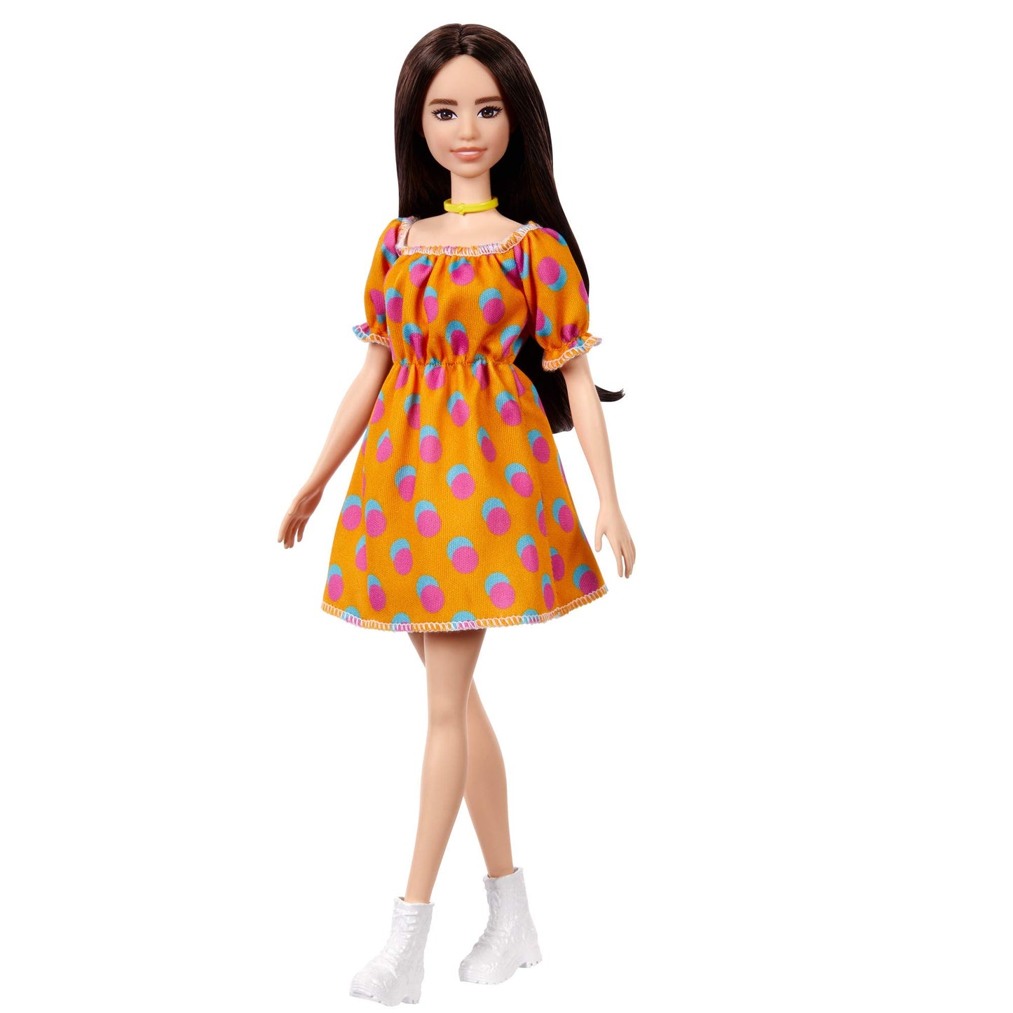 Barbie Fashionistas Doll with Brunette Hair Polka Dot Off-The-Shoulder Dress, Toy for Kids 3 to 8 Years Old