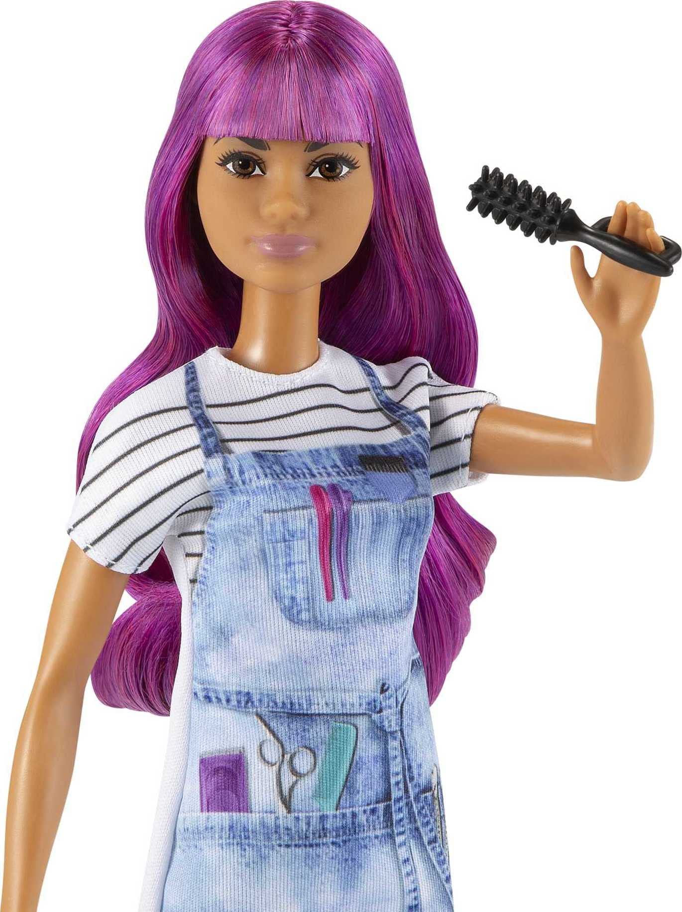 Barbie Salon Stylist Doll (12-in) with Purple Hair, Tie-dye Smock, Striped Tee, Blow Dryer & Comb Accessories, Great Gift for Ages 3 Years Old & Up